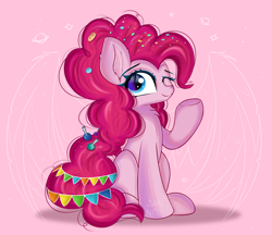 Size: 4726x4092 | Tagged: safe, artist:janelearts, imported from derpibooru, pinkie pie, earth pony, pony, candy, chest fluff, confetti, food, lollipop, looking at you, older, older pinkie pie, one eye closed, pennant, pink background, simple background, sitting, solo