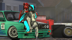 Size: 4096x2304 | Tagged: safe, artist:glitchwithahat, imported from derpibooru, oc, oc only, oc:glitch, oc:runic, anthro, bat pony, 3d, anthro oc, bat pony oc, bat wings, car, clothes, skirt, socks, source filmmaker, stance, thigh highs, wings