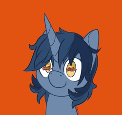 Size: 1261x1195 | Tagged: safe, alternate version, artist:inkynotebook, imported from derpibooru, part of a set, oc, oc only, pony, unicorn, bust, commission, horn, orange background, simple background, smiling, solo, unicorn oc, wingding eyes, ych result