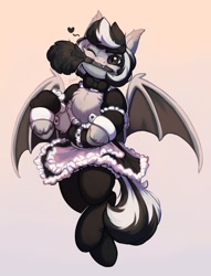 Size: 2000x2624 | Tagged: safe, artist:peachmayflower, imported from derpibooru, oc, oc only, oc:oldi filmes, oc:oldis filmes, bat pony, pony, bowtie, chest fluff, clothes, commission, cute, duster, female, maid, mare, mouth hold, one eye closed, solo, stockings, thigh highs, wink