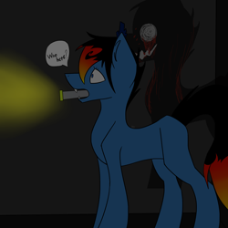 Size: 3000x3000 | Tagged: safe, artist:toptian, imported from derpibooru, oc, oc only, earth pony, pony, shadow pony, earth pony oc, flashlight (object), male, mouth hold, stallion, talking