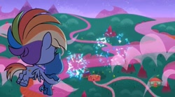 Size: 1669x931 | Tagged: safe, imported from derpibooru, screencap, rainbow dash, smallfry, pegasus, pony, my little pony: pony life, spoiler:pony life s01e46, animation error, butt, colt, female, fireworks, g4.5, male, mare, plot, shadow, sportacular spectacular musical musak-ular, treehouse logo, we shine brighter together