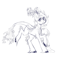 Size: 4000x4000 | Tagged: safe, artist:helemaranth, imported from derpibooru, oc, oc only, earth pony, pony, earth pony oc, flower, flower in hair, hoof fluff, leonine tail, lineart, raised hoof, simple background, solo, transparent background