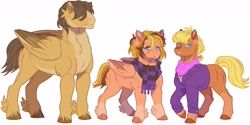 Size: 1280x640 | Tagged: safe, artist:ponipoke, imported from derpibooru, hoops, ms. harshwhinny, oc, earth pony, pegasus, pony, clothes, crack ship offspring, crack shipping, family, female, male, mare, offspring, parent:hoops, parent:ms. harshwhinny, scarf, shipping, simple background, stallion, straight, white background