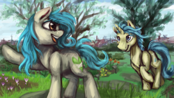 Size: 1599x906 | Tagged: safe, artist:elisdoominika, imported from derpibooru, oc, oc:kodeia, oc:sweet elis, earth pony, pony, unicorn, city, cityscape, flower, garden, nature, one hoof raised, plants, pointing, prague, raised hoof, scenery, sky, smiling, tree, wip