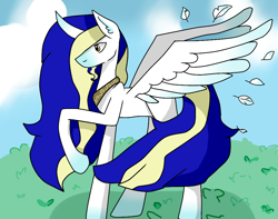 Size: 950x750 | Tagged: safe, artist:blurryface213, imported from derpibooru, oc, oc only, oc:prometheus, alicorn, pony, alicorn oc, cloud, day, feather, horn, solo, wings