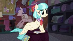 Size: 1280x720 | Tagged: safe, edit, edited screencap, imported from derpibooru, screencap, coco pommel, mermaid, pony, made in manehattan, cocobetes, cute, female, flyer, mare, scrapbook, sitting, smiling, solo