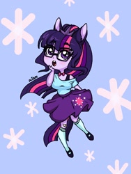 Size: 1536x2048 | Tagged: safe, artist:ameliacostanza, imported from derpibooru, sci-twi, twilight sparkle, equestria girls, blue background, bowtie, bra, bra strap, clothes, cute, female, glasses, open mouth, ponied up, simple background, skirt, socks, solo, twiabetes, underwear