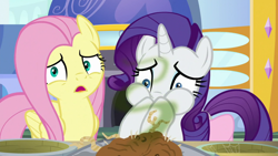 Size: 1920x1080 | Tagged: safe, imported from derpibooru, screencap, fluttershy, rarity, the ending of the end, bag, cute, duo, food, gagging, potato, puffy cheeks, raribetes, saddle bag, shrunken pupils, smelly