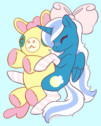 Size: 1586x1978 | Tagged: safe, artist:merimutt, imported from derpibooru, oc, oc:fleurbelle, alicorn, pony, adorabelle, alicorn oc, blue background, blushing, bow, clothes, cute, eyes closed, female, hair bow, horn, mare, ocbetes, simple background, socks, striped socks, toy, wings