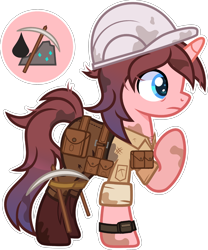 Size: 2000x2402 | Tagged: safe, artist:n0kkun, imported from derpibooru, oc, oc only, oc:black ore, pony, unicorn, bag, belt, boots, clothes, dirt, female, hard hat, helmet, jeans, mare, pants, pickaxe, pouch, raised hoof, saddle bag, shirt, shoes, simple background, solo, transparent background, watch, wristwatch