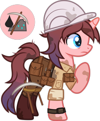 Size: 3500x4218 | Tagged: safe, alternate version, artist:n0kkun, imported from derpibooru, oc, oc only, oc:black ore, pony, unicorn, bag, belt, boots, clothes, dirt, female, hard hat, helmet, jeans, mare, pants, pickaxe, pouch, raised hoof, saddle bag, shirt, shoes, simple background, solo, transparent background, watch, wristwatch