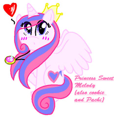 Size: 492x527 | Tagged: safe, artist:pokeloidpachiviray, imported from derpibooru, oc, oc only, oc:sweet melody, alicorn, pony, alicorn oc, amulet, blushing, heart, horn, jewelry, simple background, sitting, solo, white background, wings