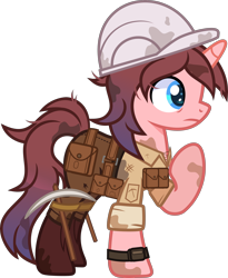 Size: 3500x4262 | Tagged: safe, alternate version, artist:n0kkun, imported from derpibooru, oc, oc only, oc:black ore, pony, unicorn, bag, belt, boots, clothes, dirt, female, hard hat, helmet, jeans, mare, pants, pickaxe, pouch, raised hoof, saddle bag, shirt, shoes, simple background, solo, transparent background, watch, wristwatch