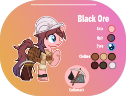 Size: 1400x1068 | Tagged: safe, artist:n0kkun, imported from derpibooru, oc, oc only, oc:black ore, pony, unicorn, bag, belt, boots, clothes, dirt, female, gradient background, hard hat, helmet, jeans, mare, pants, pickaxe, pouch, raised hoof, reference sheet, saddle bag, shirt, shoes, solo, watch, wristwatch