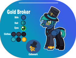 Size: 1400x1068 | Tagged: safe, artist:n0kkun, imported from derpibooru, oc, oc only, oc:gold broker, pegasus, pony, blue background, boots, clothes, facial hair, hat, male, monocle, moustache, necktie, pants, reference sheet, shirt, shoes, simple background, solo, stallion, suit, top hat, vest, watch, wristwatch