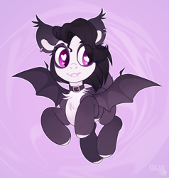 Size: 2646x2781 | Tagged: source needed, safe, artist:sugarstar, imported from derpibooru, oc, oc only, oc:lex, bat pony, pony, bat pony oc, bat wings, chest fluff, collar, cute, ear piercing, earring, fangs, female, flying, heart eyes, jewelry, looking away, mare, piercing, rcf community, smiling, solo, spread wings, wingding eyes, wings