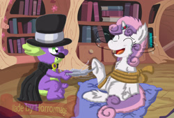 Size: 3206x2169 | Tagged: safe, artist:horrormage, imported from derpibooru, spike, sweetie belle, dragon, pony, unicorn, abuse, bondage, cape, chest fluff, clothes, crying, cushion, dastardly spike, duo, ear fluff, eyes closed, feather, female, filly, fluffy, golden oaks library, head shake, hoof tickling, horn, horn ring, laughing, magic suppression, male, ring, sweetiebuse, tears of laughter, tickle torture, tickling, tied up, underhoof, unshorn fetlocks