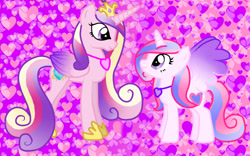 Size: 924x575 | Tagged: safe, artist:pokeloidpachiviray, imported from derpibooru, princess cadance, oc, oc:sweet melody, alicorn, pony, alicorn oc, duo, duo female, female, horn, similarities, wings