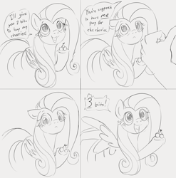 Size: 1122x1136 | Tagged: safe, artist:dotkwa, fluttershy, human, pegasus, pony, cherry, comic, cute, dialogue, female, food, lineart, mare, monochrome, offscreen character, shyabetes, simple background, speech bubble