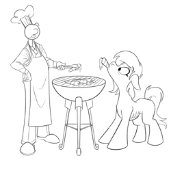 Size: 3000x3000 | Tagged: safe, artist:anontheanon, oc, oc:anon, earth pony, human, pony, barbeque, carrot, chef's hat, eating, emaciated, food, grill, hat, smiling, verity