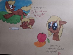 Size: 2621x1966 | Tagged: safe, artist:brisineo, applejack, earth pony, pony, art pack:marenheit 451 post-pack, apple, dialogue, dream, drool, female, food, grass, grass field, hoof hold, running, traditional art, verity