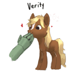 Size: 723x694 | Tagged: safe, artist:rhorse, editor:hotkinkajou, oc, oc:anon, earth pony, human, pony, art pack:marenheit 451 post-pack, animated, female, gif, hand, heart, petting, scratching, simple background, verity, white background