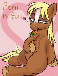 Size: 1367x1776 | Tagged: artist needed, safe, earth pony, pony, art pack:marenheit 451 post-pack, carrot, chest fluff, dialogue, eating, female, food, heart, solo, verity