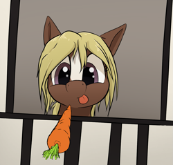 Size: 1093x1045 | Tagged: artist needed, safe, earth pony, pony, art pack:marenheit 451 post-pack, carrot, female, food, solo, stable, tongue out, verity