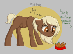 Size: 4000x3000 | Tagged: artist needed, safe, earth pony, pony, art pack:marenheit 451 post-pack, carrot, dialogue, emaciated, female, food, food bowl, offscreen character, solo, verity