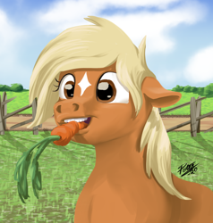 Size: 1900x2000 | Tagged: artist needed, safe, edit, earth pony, pony, art pack:marenheit 451 post-pack, carrot, cropped, eating, female, food, grass, grass field, signature, solo, verity