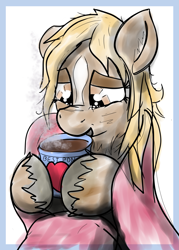 Size: 1275x1776 | Tagged: artist needed, safe, earth pony, pony, blanket, chest fluff, chocolate, female, food, happy, hoof hold, hot chocolate, mug, smiling, solo, verity