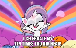 Size: 787x500 | Tagged: safe, edit, edited screencap, imported from derpibooru, screencap, potion nova, pony, unicorn, my little pony: pony life, spoiler:pony life s01e46, caption, cropped, cute, female, g4.5, image macro, meme, novabetes, rainbow, rifftrax, sportacular spectacular musical musak-ular, text