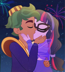 Size: 2281x2497 | Tagged: safe, artist:cxpcakes, imported from derpibooru, sci-twi, timber spruce, twilight sparkle, human, equestria girls, aladdin, cute, digital art, disney, duo, female, fireworks, kiss on the lips, kissing, male, ship, shipping, straight, timbertwi, watermark