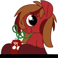 Size: 1800x1800 | Tagged: safe, artist:skookz, imported from derpibooru, oc, oc only, oc:cherry spirit, earth pony, pony, clothes, cute, drink, drinking, female, freckles, happy, looking at you, mare, silly straw, simple background, sitting, smiling, socks, soda, soda can, solo, straw, straw in mouth, table, transparent background