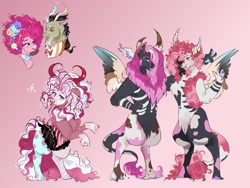 Size: 1280x960 | Tagged: safe, artist:bunnari, imported from derpibooru, discord, pinkie pie, oc, oc:carnivalicious dionysus wonderland, oc:festivalus bacchus dreamland, oc:harlequin saccharine comedy, draconequus, earth pony, pony, bowtie, bust, cloven hooves, discopie, female, fraternal twins, gradient background, hat, horns, interspecies offspring, male, offspring, parent:discord, parent:pinkie pie, parents:discopie, rearing, shipping, straight, tongue out, top hat, twins