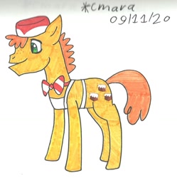 Size: 1020x1026 | Tagged: safe, artist:cmara, imported from derpibooru, carrot cake, earth pony, pony, apron, bowtie, clothes, hat, male, simple background, solo, stallion, traditional art, white background