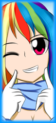 Size: 170x369 | Tagged: safe, artist:sachidashie, imported from derpibooru, rainbow dash, human, anime style, breasts, busty rainbow dash, female, humanized, one eye closed, smiling, solo, wink, winking at you