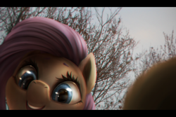Size: 1800x1200 | Tagged: dead source, safe, artist:ventious, imported from derpibooru, fluttershy, pony, black bars, bust, chromatic aberration, close-up, cute, female, frog (hoof), irl, mare, offscreen character, open mouth, photo, ponies in real life, portrait, pov, realistic, selfie, shyabetes, smiling, solo, tree, underhoof