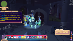 Size: 1366x768 | Tagged: safe, imported from derpibooru, screencap, oc, oc:sakura chan, cat, pegasus, pony, unicorn, armor, castle of the royal pony sisters, dancing, fake wings, female, flying, game, game screencap, group photo, horn, hud, lantern, legends of equestria, male, mare, night, pegasus oc, sitting, stallion, sunglasses, sunglasses at night, torch, unicorn oc, video game, wings