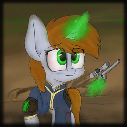 Size: 3900x3900 | Tagged: safe, artist:machstyle, imported from derpibooru, oc, oc only, oc:littlepip, pony, unicorn, fallout equestria, absurd resolution, alone, blood, bust, clothes, colored, dead tree, dirt, dirty, dust, eye clipping through hair, eyebrows, eyebrows visible through hair, fanfic, fanfic art, female, glowing horn, green eyes, gun, hair over eyes, handgun, helpless, high res, hooves, horn, jumpsuit, little macintosh, lost, magic, one hoof raised, pipbuck, portrait, radiation, raised hoof, revolver, sad, smoke, solo, telekinesis, tree, unicorn oc, vault suit, wasteland, weapon