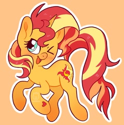 Size: 1965x1983 | Tagged: safe, artist:alexbeeza, imported from derpibooru, sunset shimmer, pony, unicorn, blushing, cute, female, heart, mare, one eye closed, open mouth, orange background, shimmerbetes, simple background, solo, wink