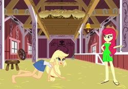 Size: 2388x1668 | Tagged: safe, artist:bleedingwings12, imported from derpibooru, apple bloom, applejack, equestria girls, absurd resolution, adorabloom, all fours, apple sisters, applejack's hat, barefoot, barn, behaving like a dog, clothes, cowboy hat, cute, cutie mark, cutie mark on clothes, denim shorts, dress, duo, duo female, feet, female, hand on hip, hat, hay, hypnosis, hypnotized, jackabetes, legs, open mouth, open smile, panting, pocket watch, ponytail, sandals, shorts, siblings, sisters, smiling, smug, standing, stool, sundress, sweet apple acres, swirly eyes, tanktop