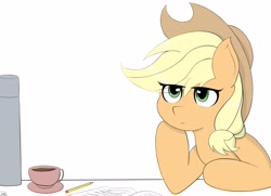 Size: 3514x2549 | Tagged: safe, artist:drawalaverr, imported from derpibooru, applejack, earth pony, pony, applejack's hat, book, coffee, cowboy hat, cup, eye clipping through hair, fanart, female, hat, high res, mare, missing freckles, pencil, simple background, solo, table, thermos, thinking, white background