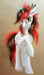 Size: 2988x5041 | Tagged: safe, artist:cahandariella, imported from derpibooru, oc, oc only, oc:bloody herb, pony, unicorn, colored pencil drawing, female, gift art, mare, not blackjack, raised hoof, solo, traditional art