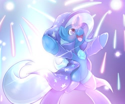 Size: 1885x1568 | Tagged: safe, artist:kurogewapony, imported from derpibooru, trixie, pony, unicorn, bipedal, cape, clothes, cute, diatrixes, female, fireworks, frog (hoof), hat, magic, magic show, mare, open mouth, socks, solo, trixie's cape, trixie's hat, underhoof