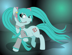 Size: 2635x2023 | Tagged: safe, artist:devansnape, artist:ktechnicolour, imported from derpibooru, earth pony, pony, clothes, female, hatsune miku, headset, hilarious in hindsight, looking at you, mare, ponified, smiling, solo, vocaloid