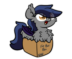 Size: 3250x2688 | Tagged: safe, artist:kimjoman, artist:php142, imported from derpibooru, part of a set, oc, oc only, oc:echo, bat pony, pony, :d, bat pony oc, bat wings, behaving like a cat, box, chest fluff, commission, cute, digital art, eye clipping through hair, fangs, female, fluffy, if i fits i sits, impossibly large chest fluff, looking at you, mare, open mouth, pony in a box, simple background, solo, tail, transparent background, wings, ych result