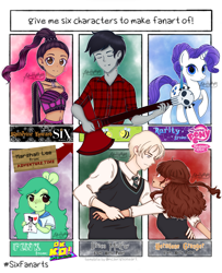 Size: 1536x1889 | Tagged: safe, artist:bluehighlights12, imported from derpibooru, rarity, bee, human, insect, pony, unicorn, six fanarts, adventure time, bust, choker, clothes, crossover, draco malfoy, eyes closed, female, fink, guitar, harry potter, harry potter (series), hermione granger, katherine howard, male, mare, marshall lee, musical instrument, ok ko let's be heroes, raised hoof, spiked choker