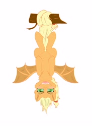 Size: 2800x3818 | Tagged: safe, artist:dicemarensfw, imported from derpibooru, applejack, bat, bat pony, earth pony, pony, blushing, fangs, female, hair, hairband, hanging, hanging upside down, hooves, mare, open mouth, shading, simple background, slit eyes, slit pupils, snake eyes, solo, spread wings, sticker, teeth, upside down, white background, wings